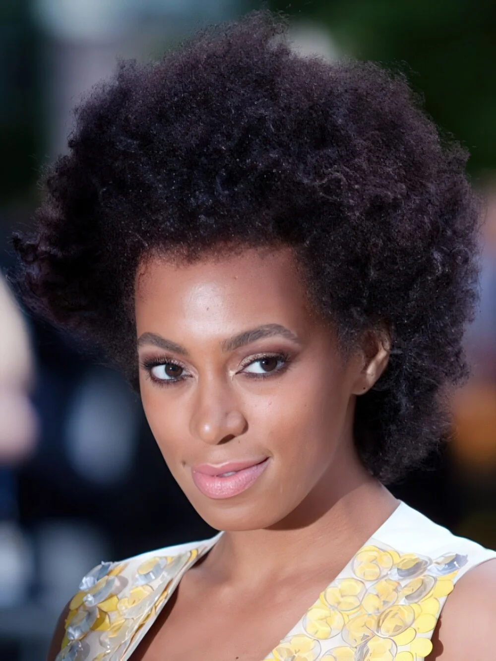 Rounded natural afro with tapered sides.