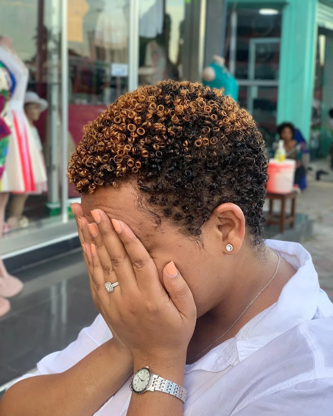 Photo showing short Coily Crop With Golden Tips, with the hairstyle clearly visible.