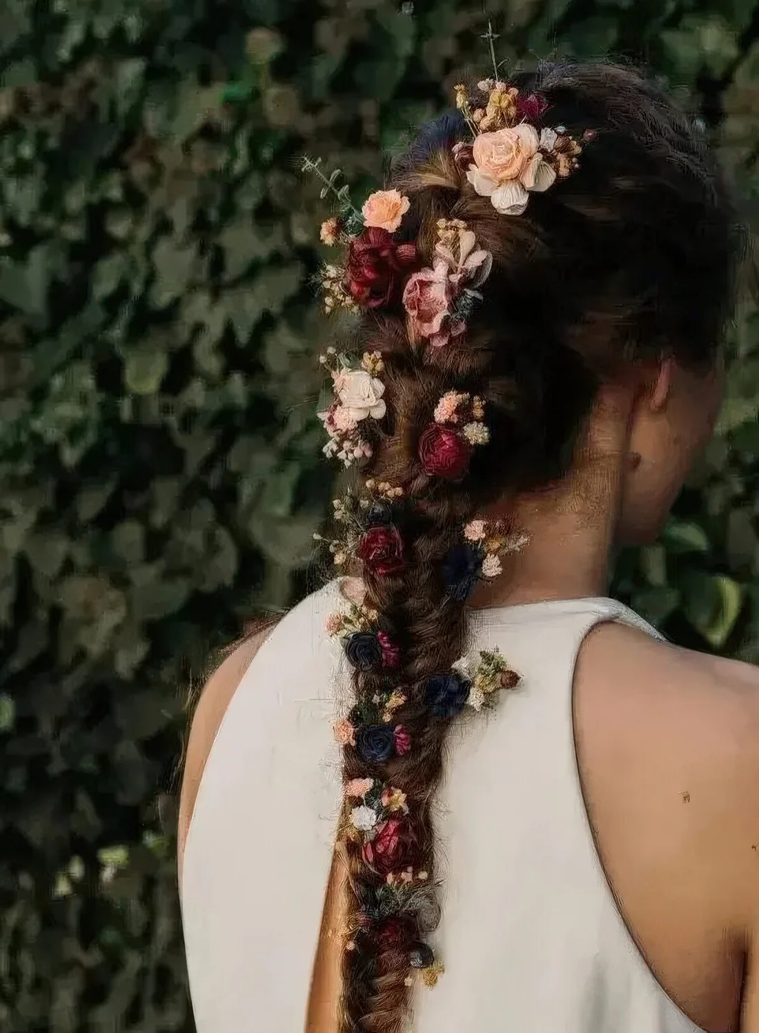Thick and long fishtail braid with burgundy, pink and black blooms tucked in for a fall boho bride.