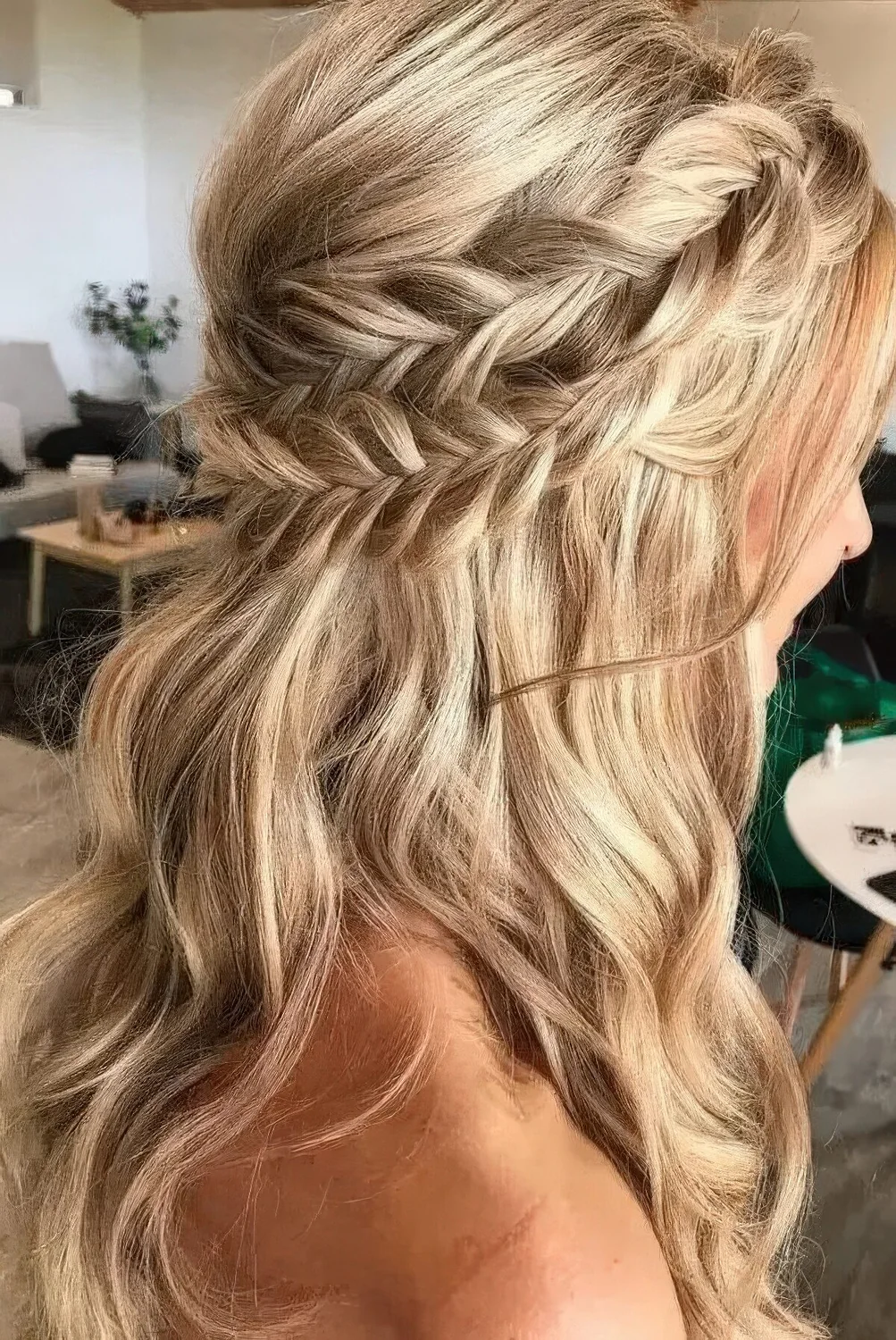 Boho half updo with a double braided halo and waves down plus a bump requires no accessories as it's gorgeous itself.
