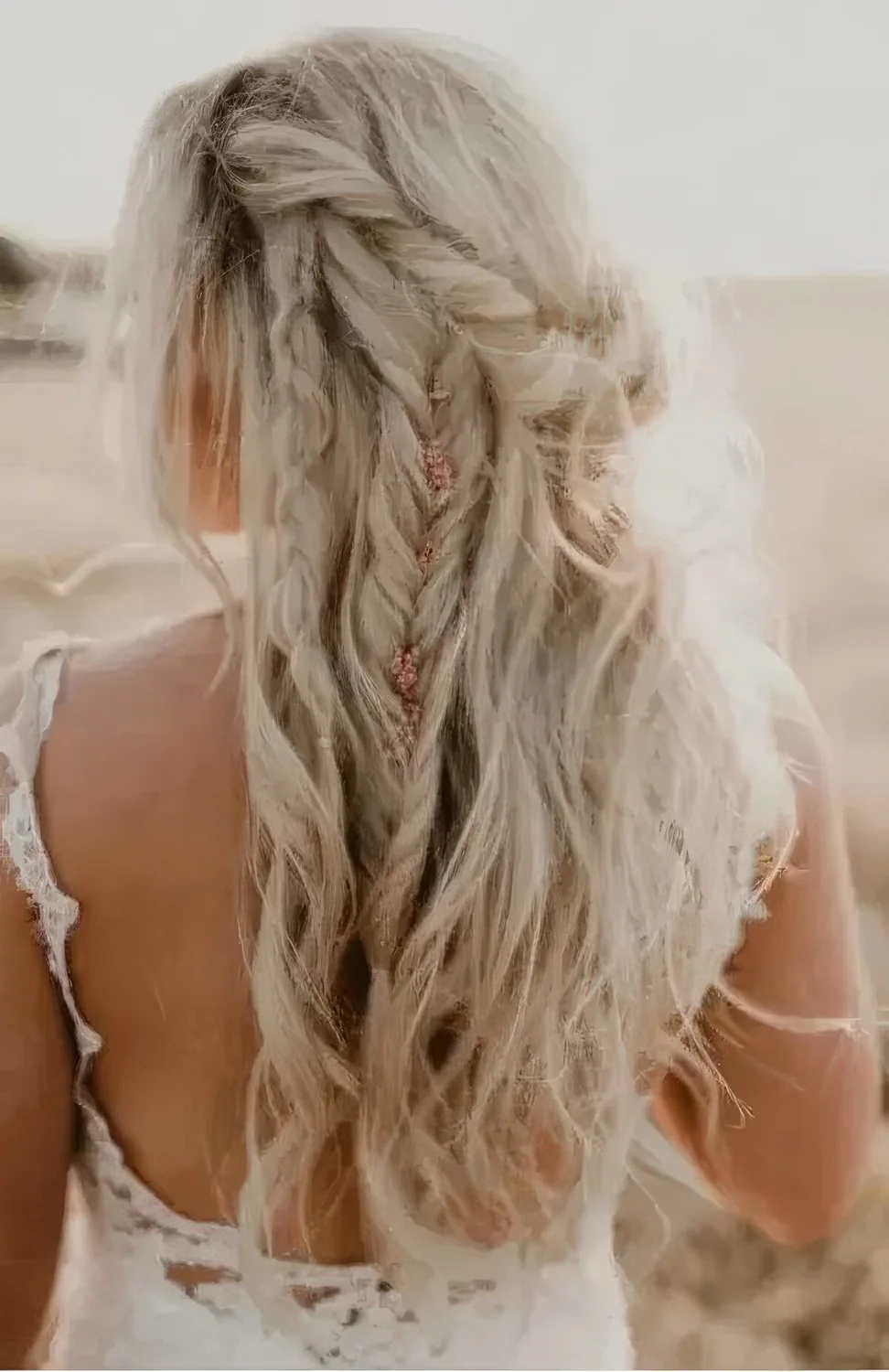Messy boho wedding half updo with multiple twists, braids and waves and with some blooms tucked into the hair.