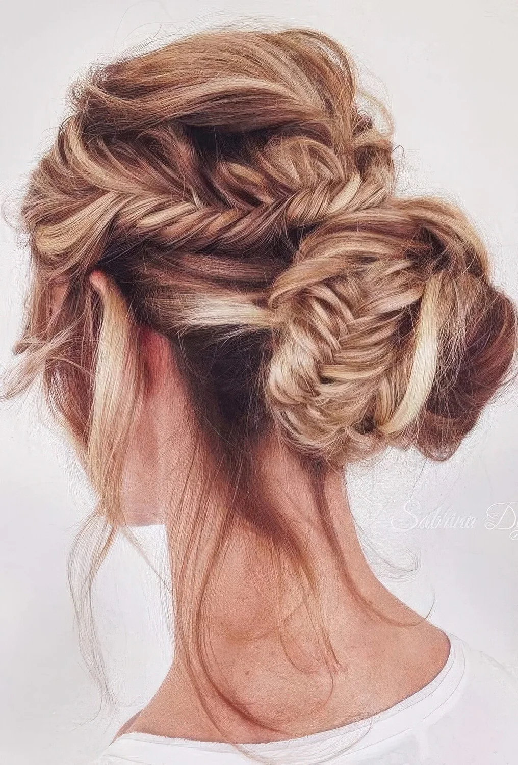 Messy and volumetric updo with fishtail braids and a low bun plus a messy volume on top.