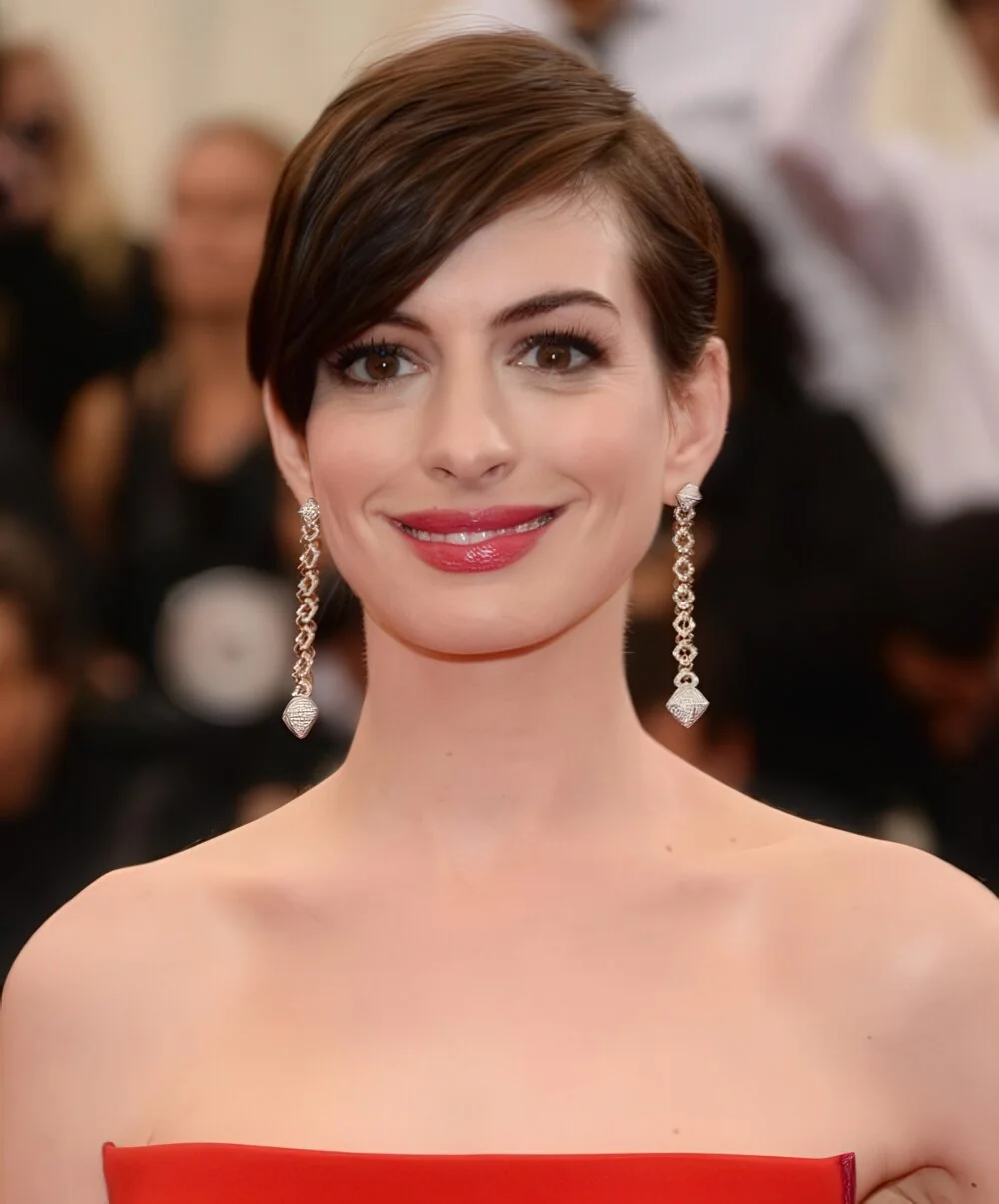 Sleek brunette pixie with side-swept bangs.