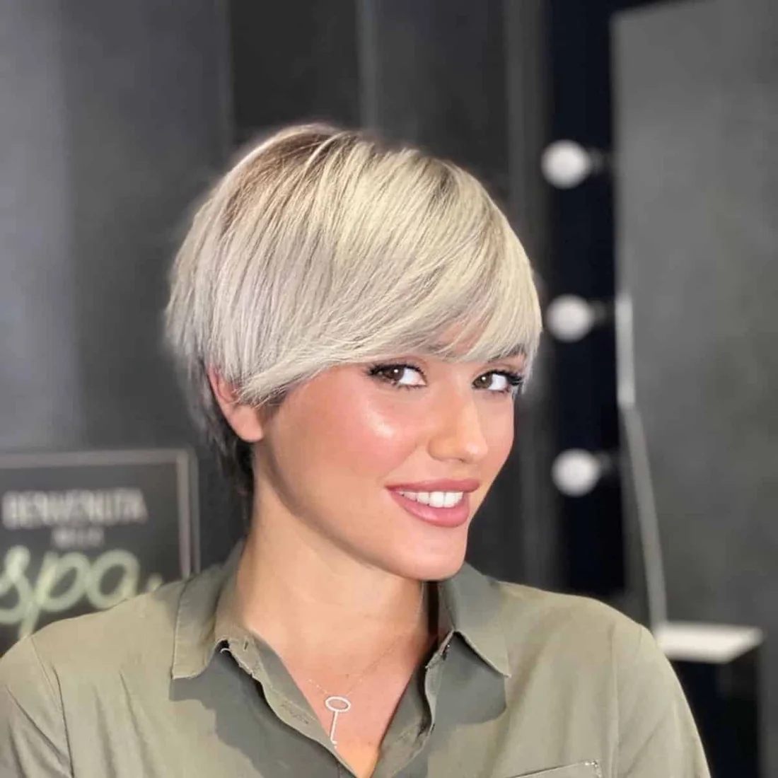 Platinum Pixie With Sweeping Bangs.
