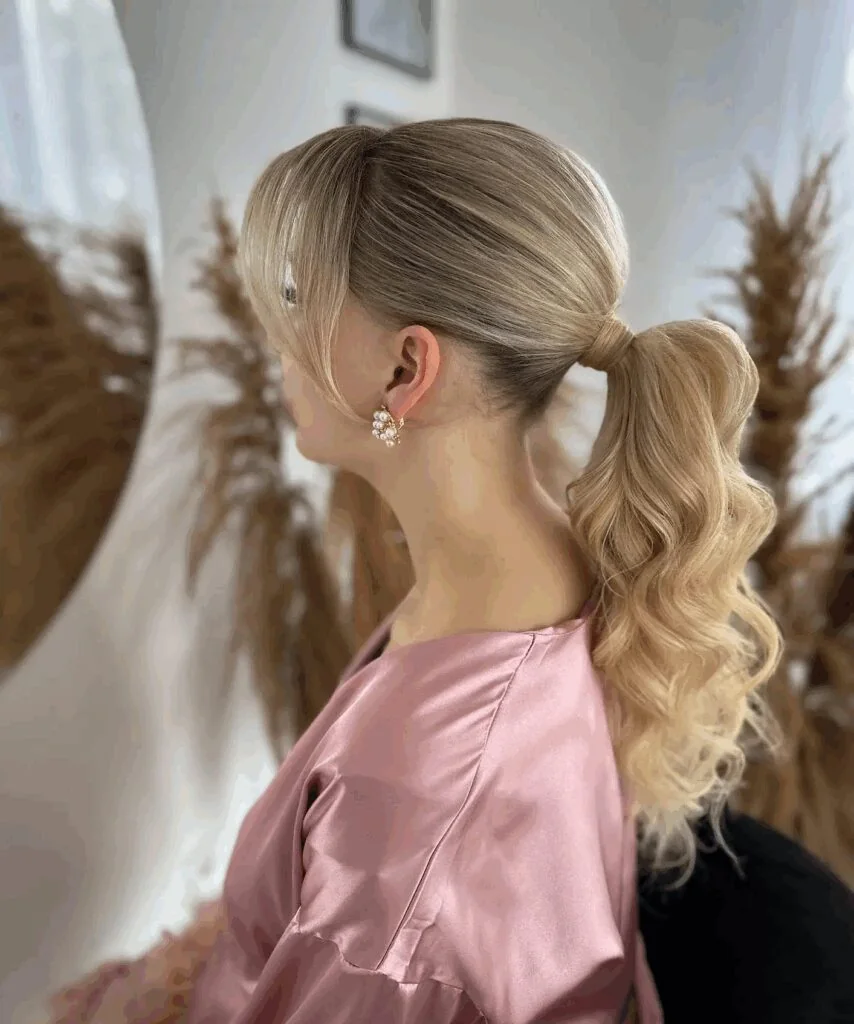 Photo showing polished Wavy Wrapped Ponytail, with the hairstyle clearly visible.