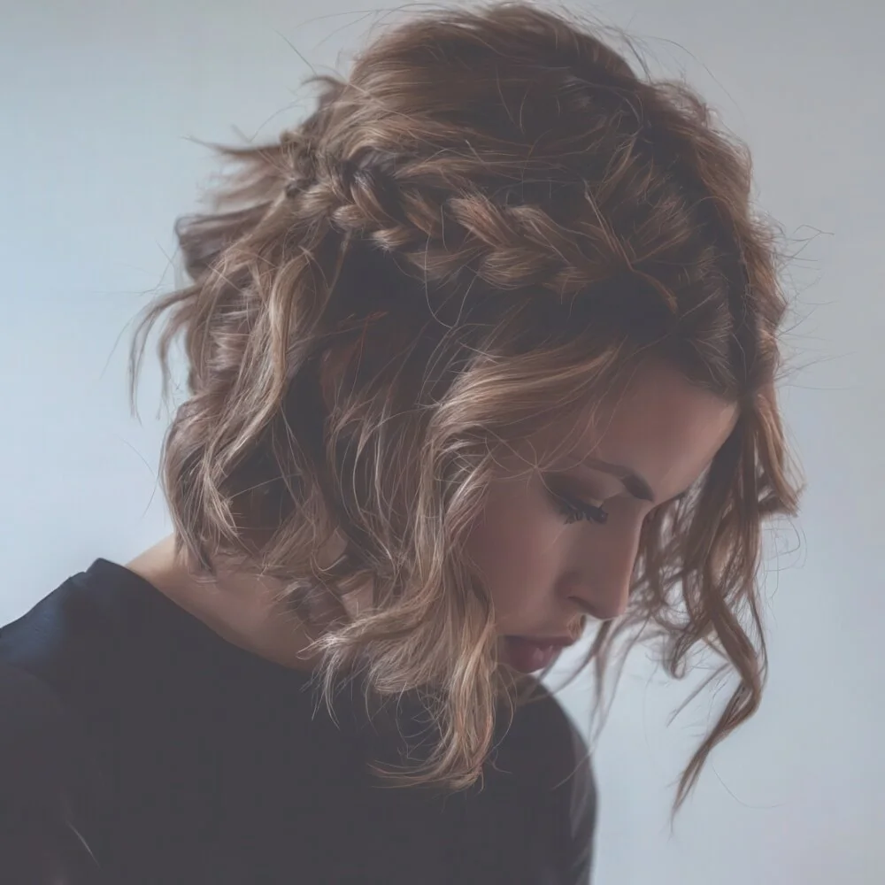 Curly updo with bangs braided away from the face.