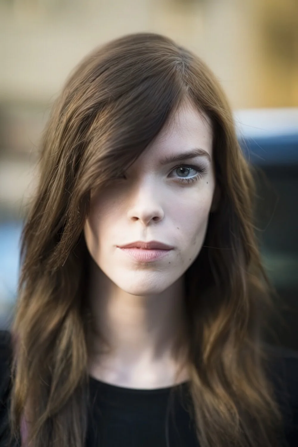 Long brunette hair with side-swept bangs.