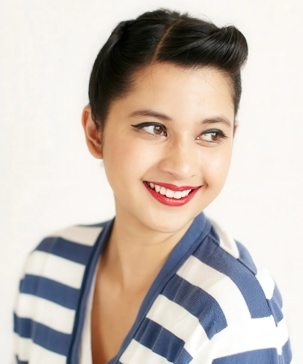 Short dark pixie with bangs swept up and back.