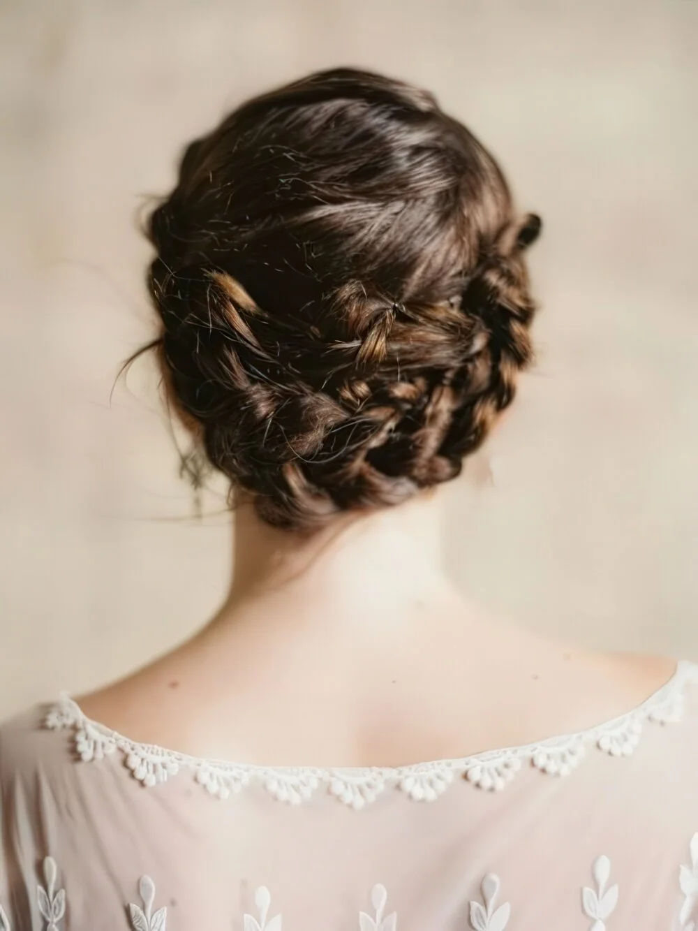 Textured braided and twisted low updo.
