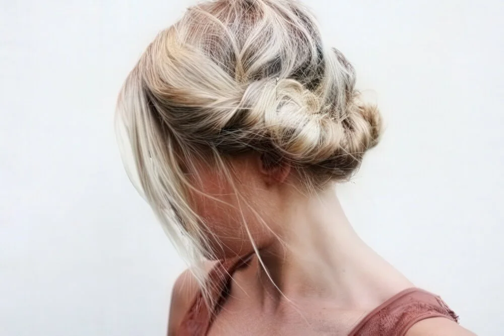 Photo showing braided blonde crown updo, with the hairstyle clearly visible.