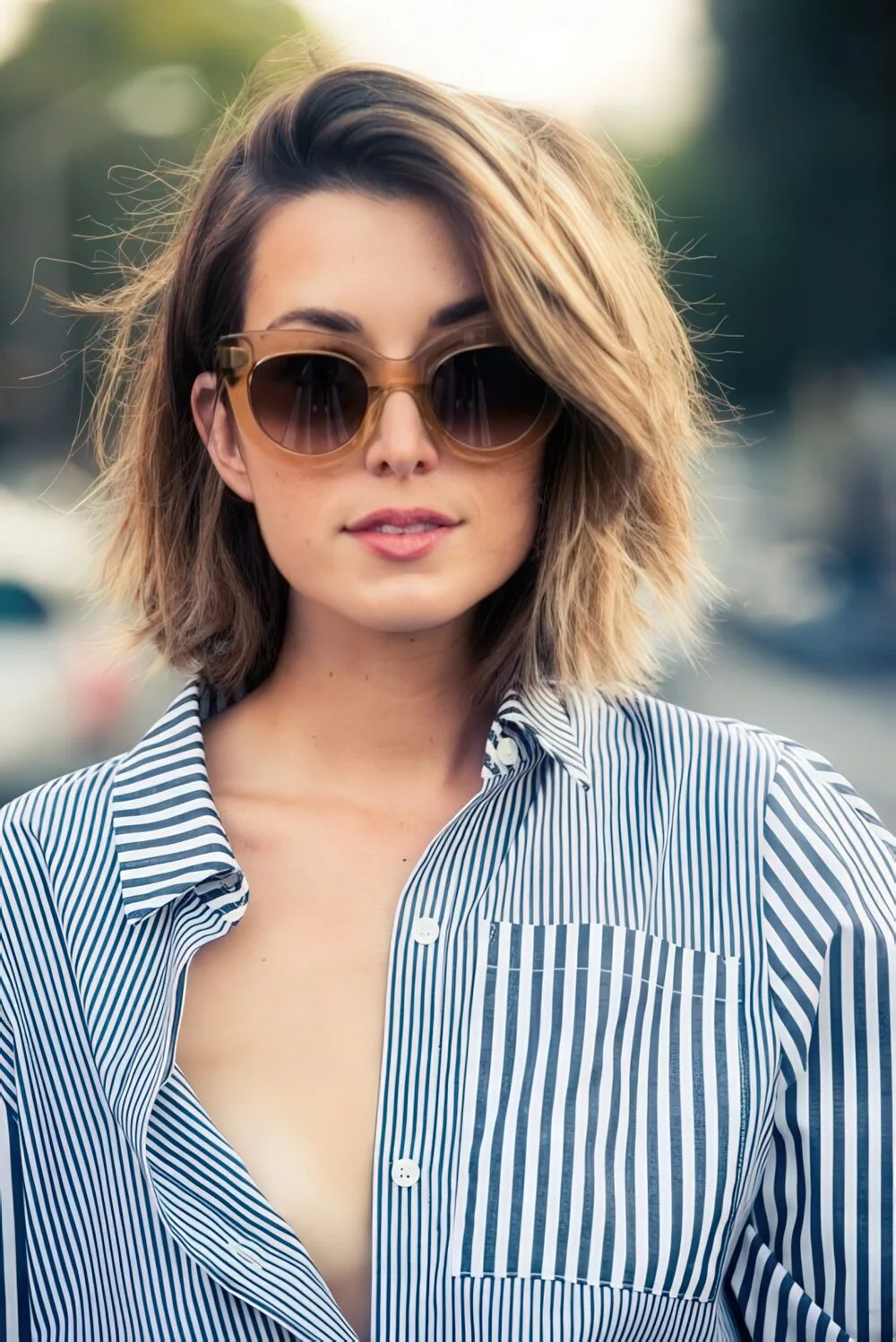 Tousled brunette chin-length bob with a side part.