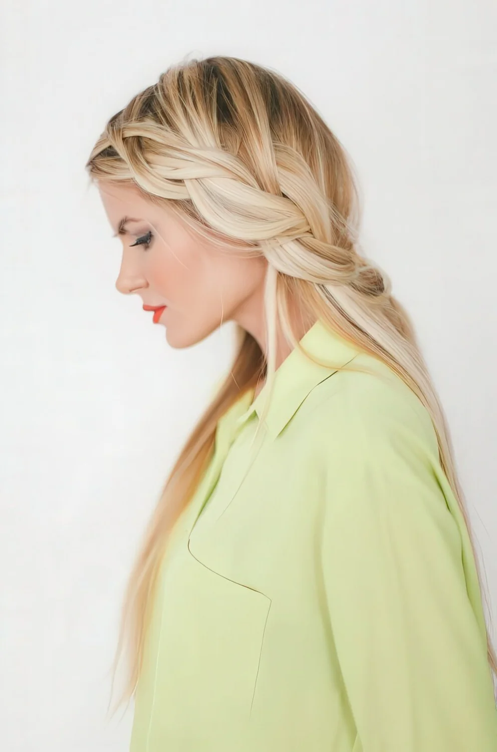 Half-up crown braid on long blonde hair.