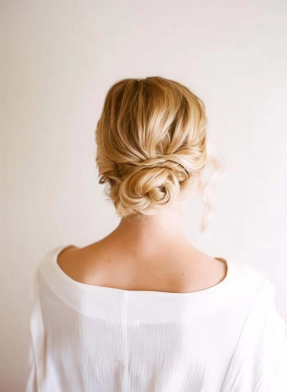 Photo showing loose blonde twisted chignon, with the hairstyle clearly visible.