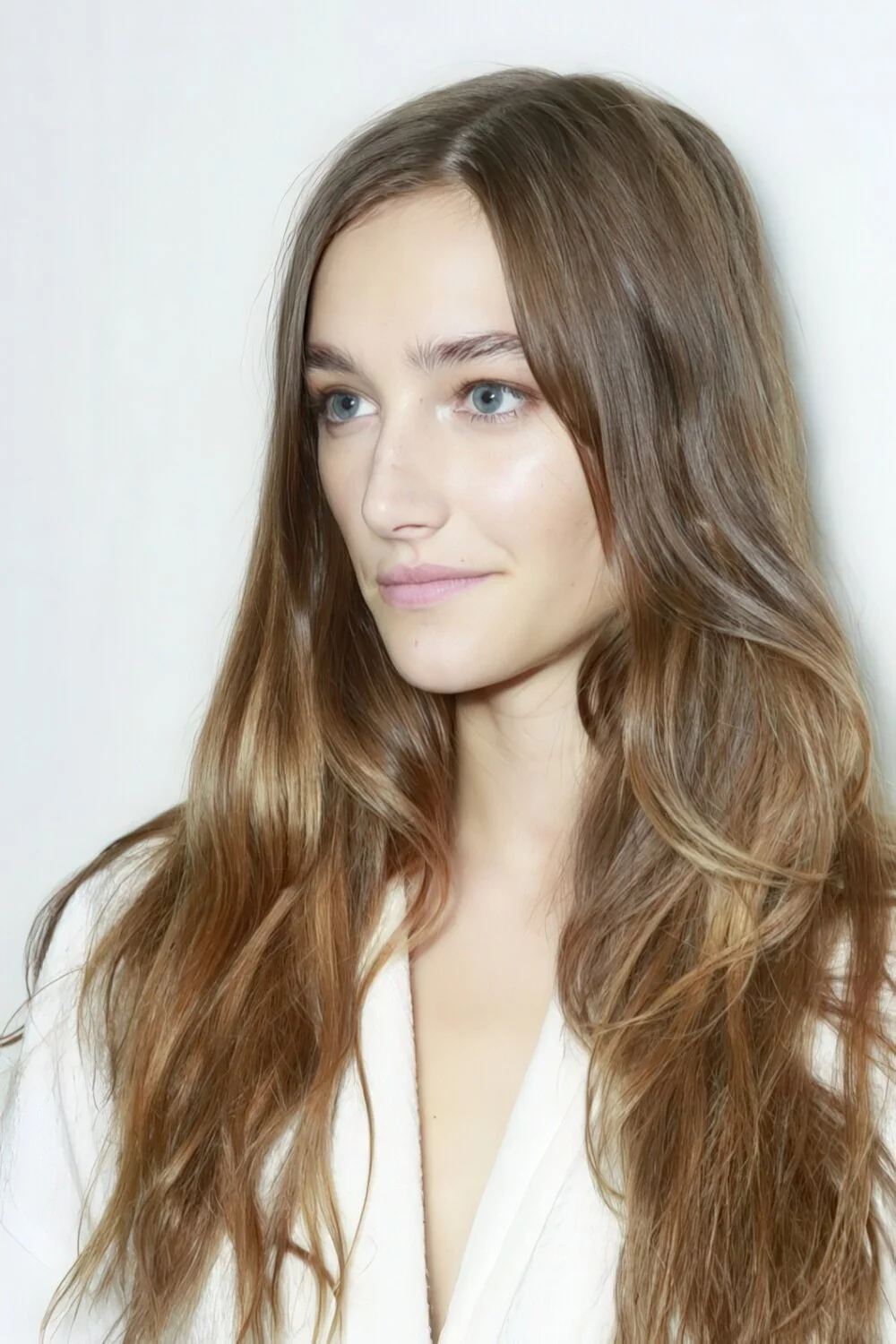 Long layered brunette waves with a center part.
