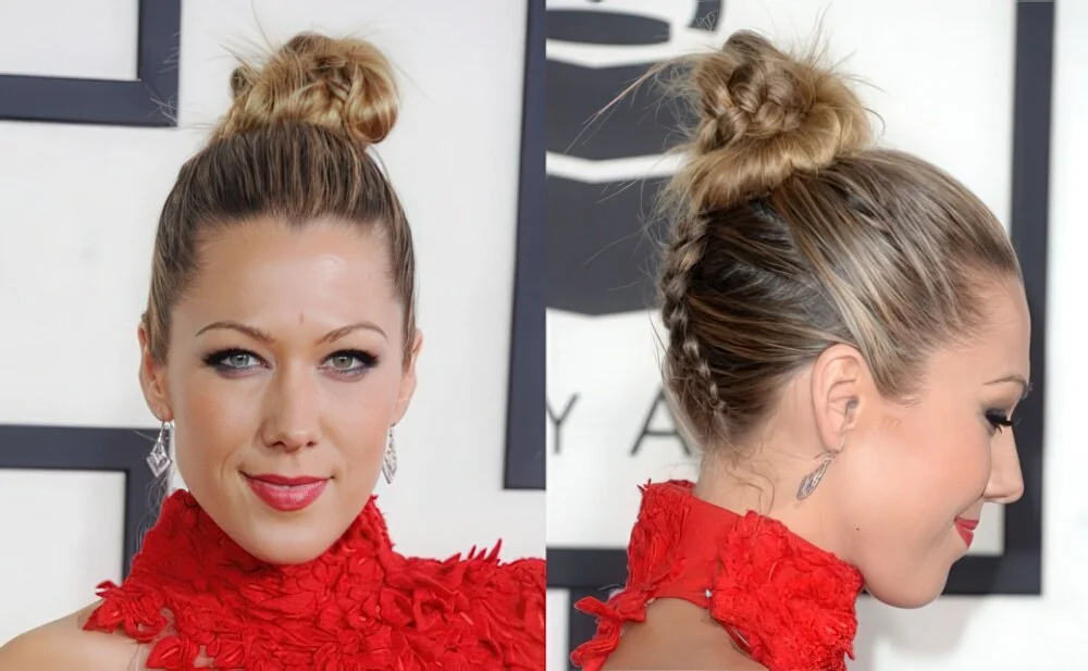 Photo showing sleek high brunette top knot, with the hairstyle clearly visible.