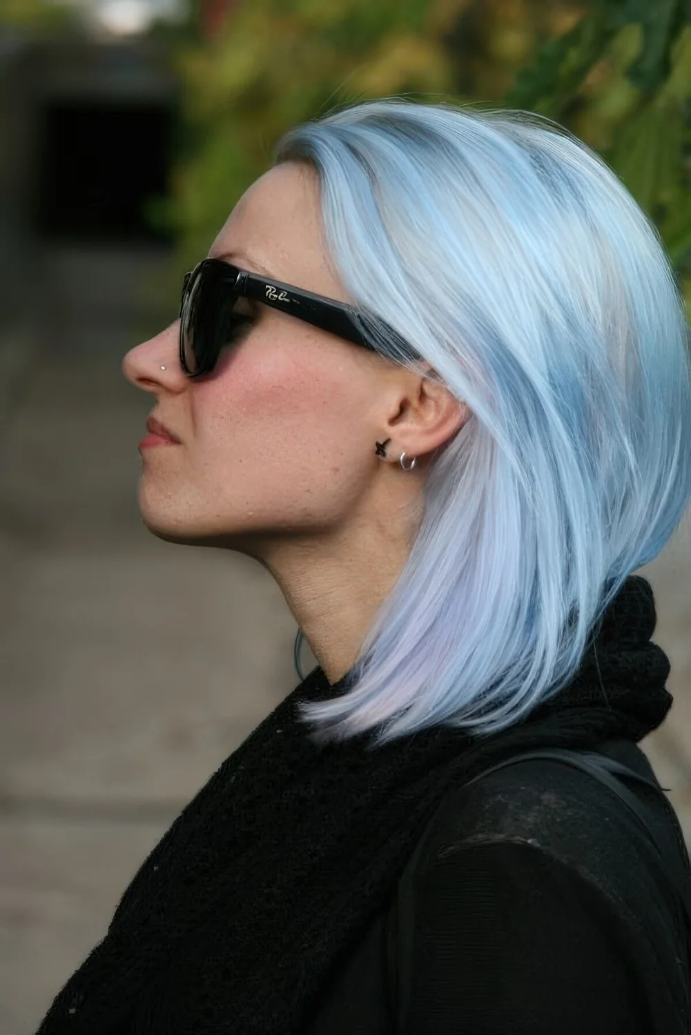Straight pastel blue long bob with a bit of lilac locks.