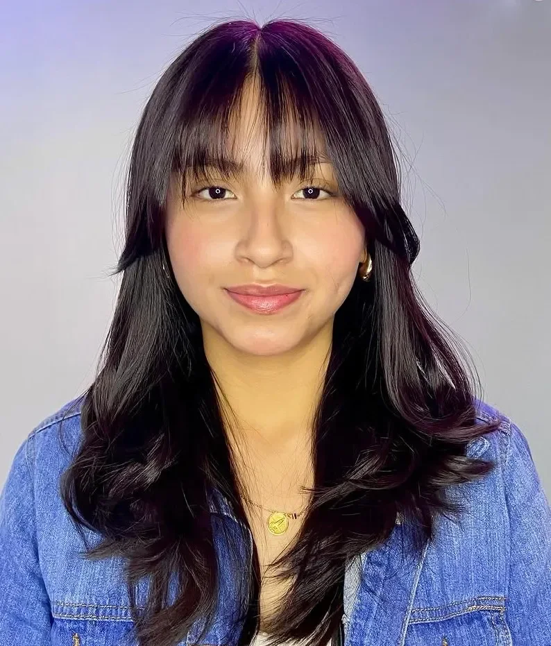 Photo showing long Dark Layers With Full Bangs, with the hairstyle clearly visible.