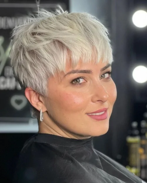 Photo showing textured Platinum Pixie, with the hairstyle clearly visible.