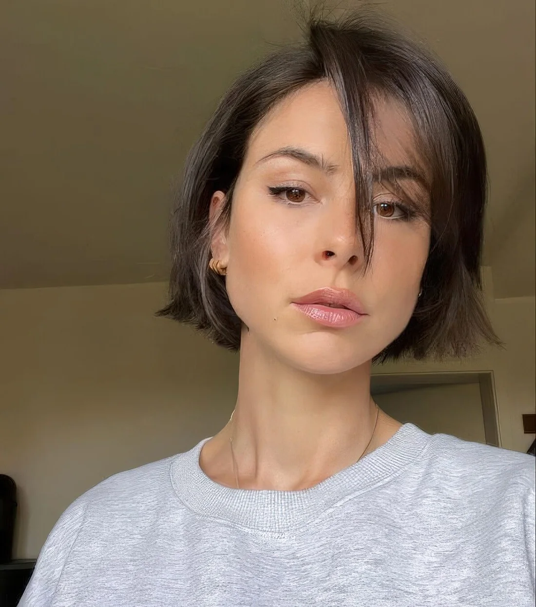 Laconic and glossy brunette lip line bob with some volume.