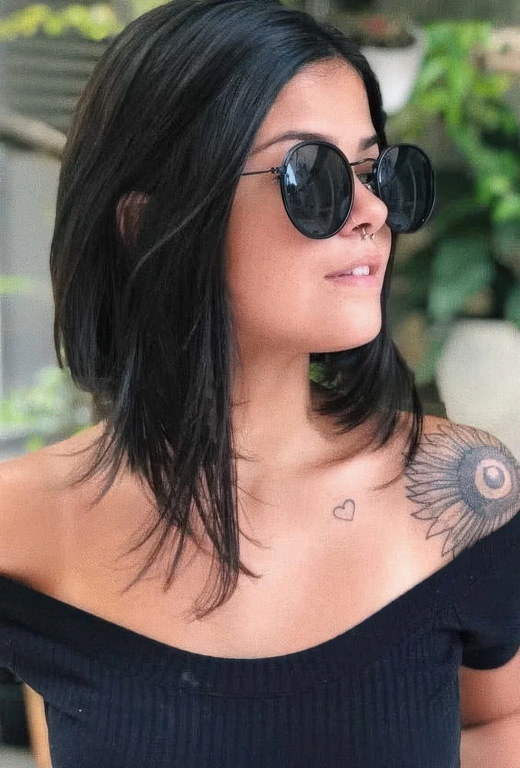 Black angled bob with much dimension and texture.