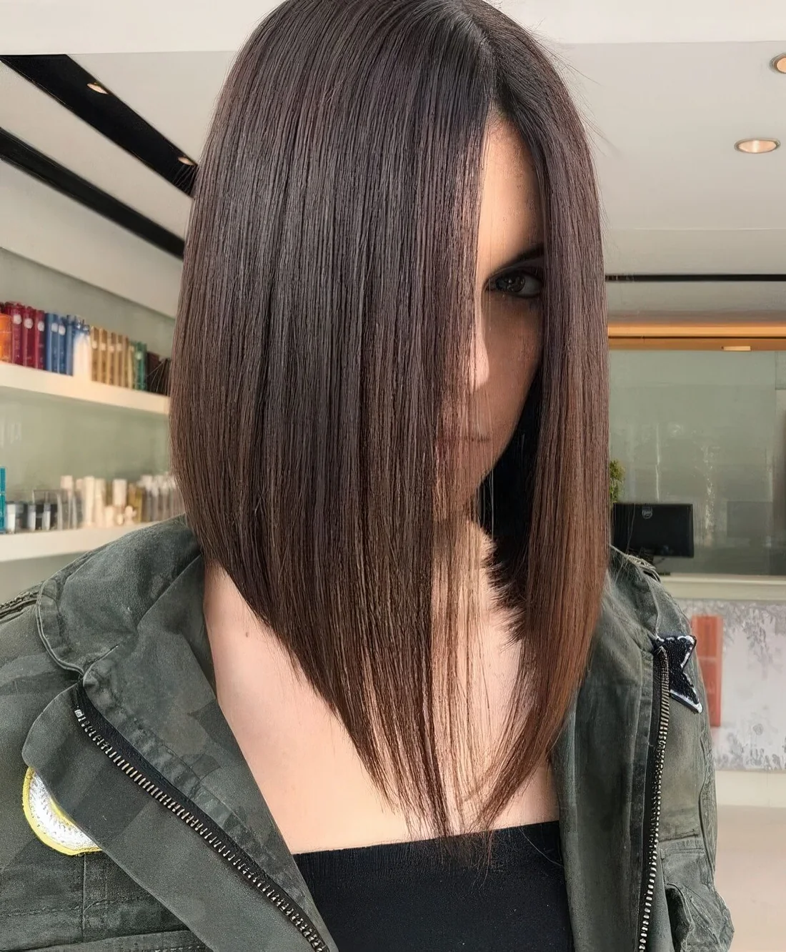 Dark brunette angled bob with center part.