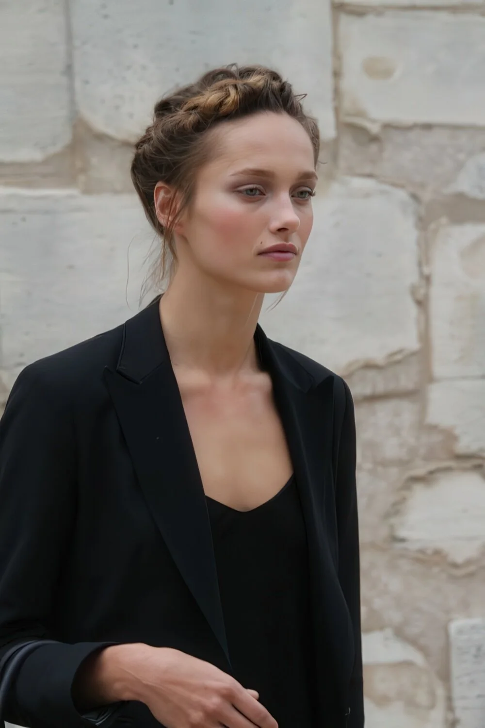 Photo showing messy brunette top knot, with the hairstyle clearly visible.