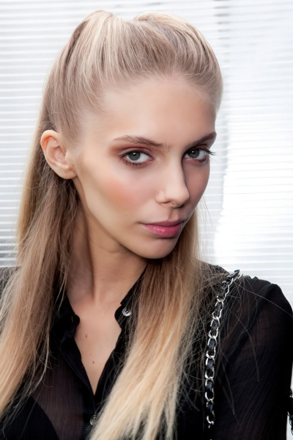 Photo showing sleek blonde high ponytail, with the hairstyle clearly visible.