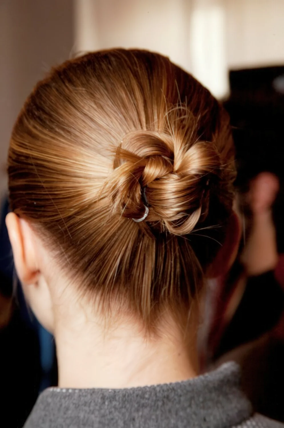 Photo showing sleek brunette braided bun, with the hairstyle clearly visible.