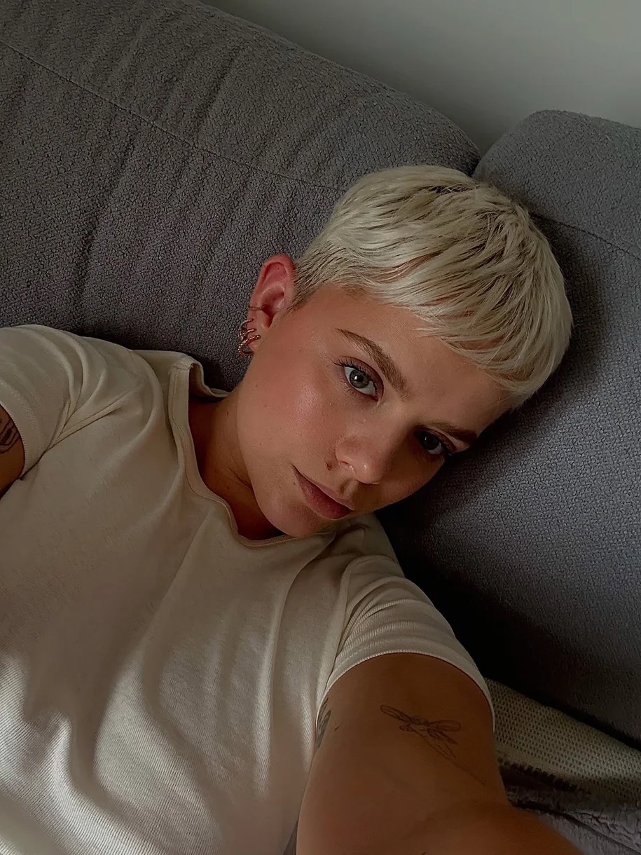 ear straight honey pixie with micro fringe shown as a baby bangs idea