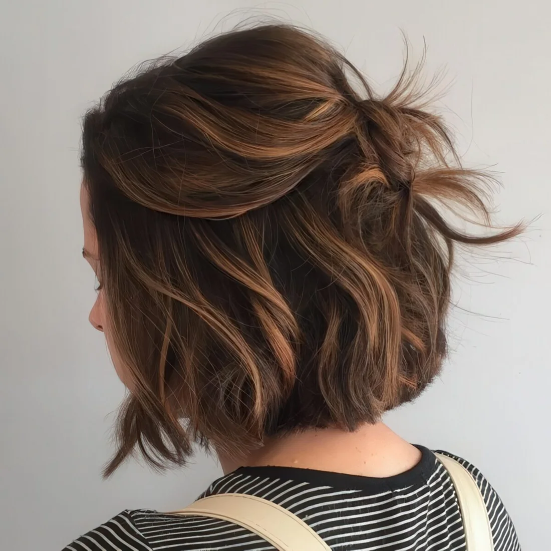 Wavy brown bob with caramel balayage.