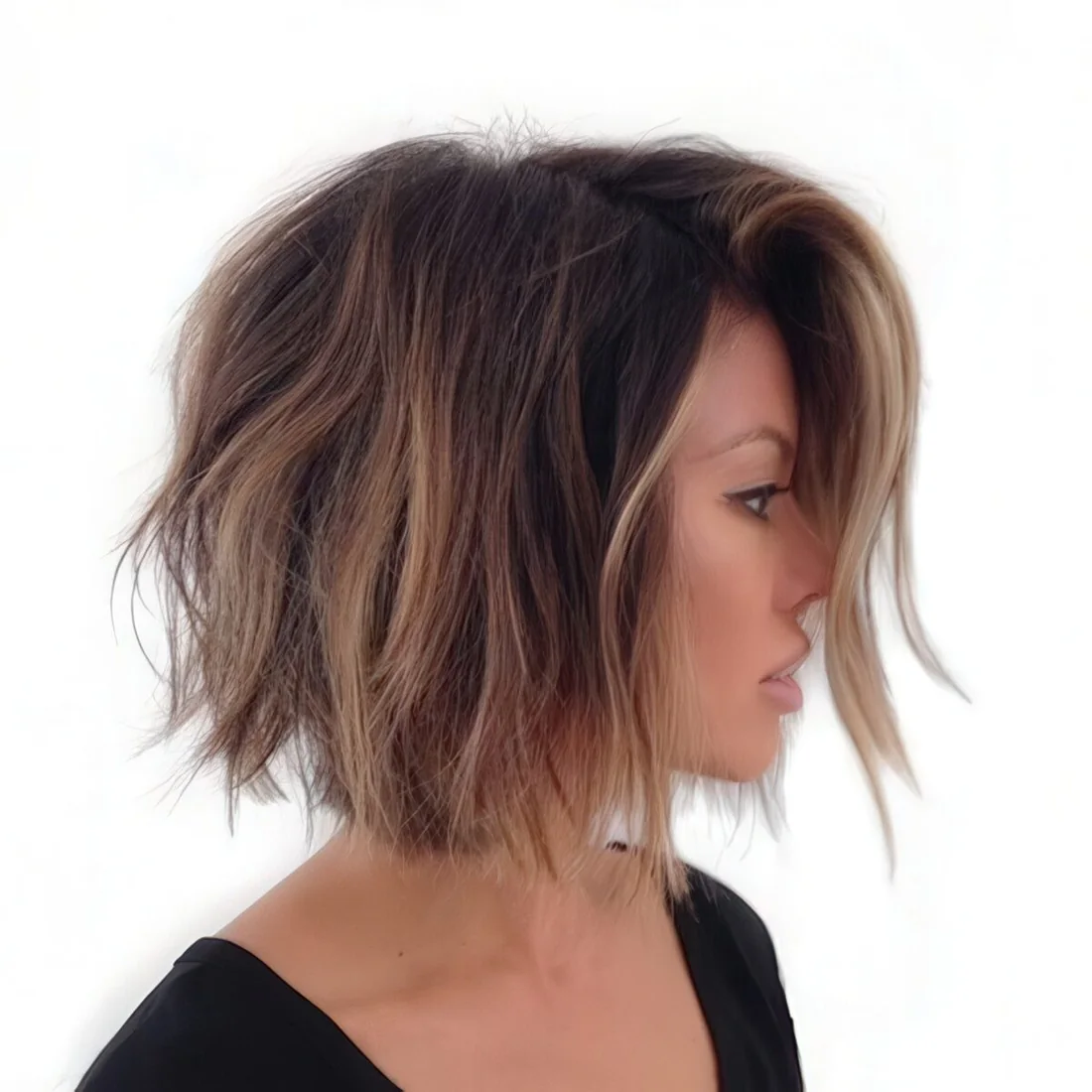 Brown short bob with brown balayage highlights and beachy waves for a trendy look.