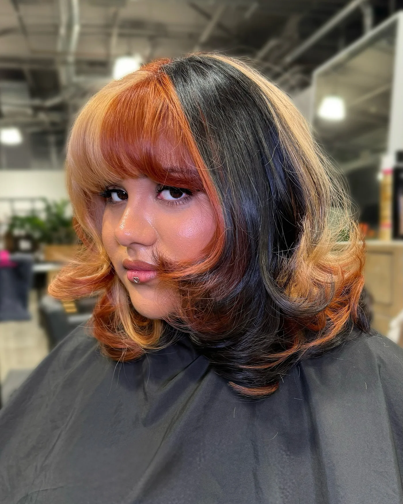 chin straight copper bob with curtain fringe shown as a bangs for round face idea
