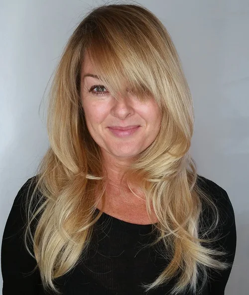 chest straight blonde layers with side swept fringe shown as a bangs for round face idea