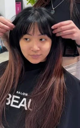 chest straight chestnut layers with curtain fringe shown as a bangs for round face idea