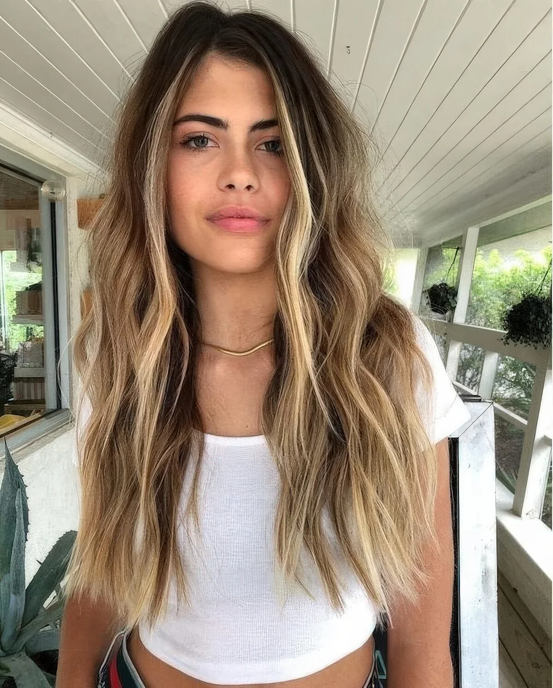 Long dark brunette hair with blodne highlights and a money piece, with much volume.