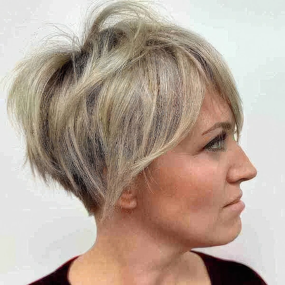 Photo showing layered blonde bixie, with the hairstyle clearly visible.