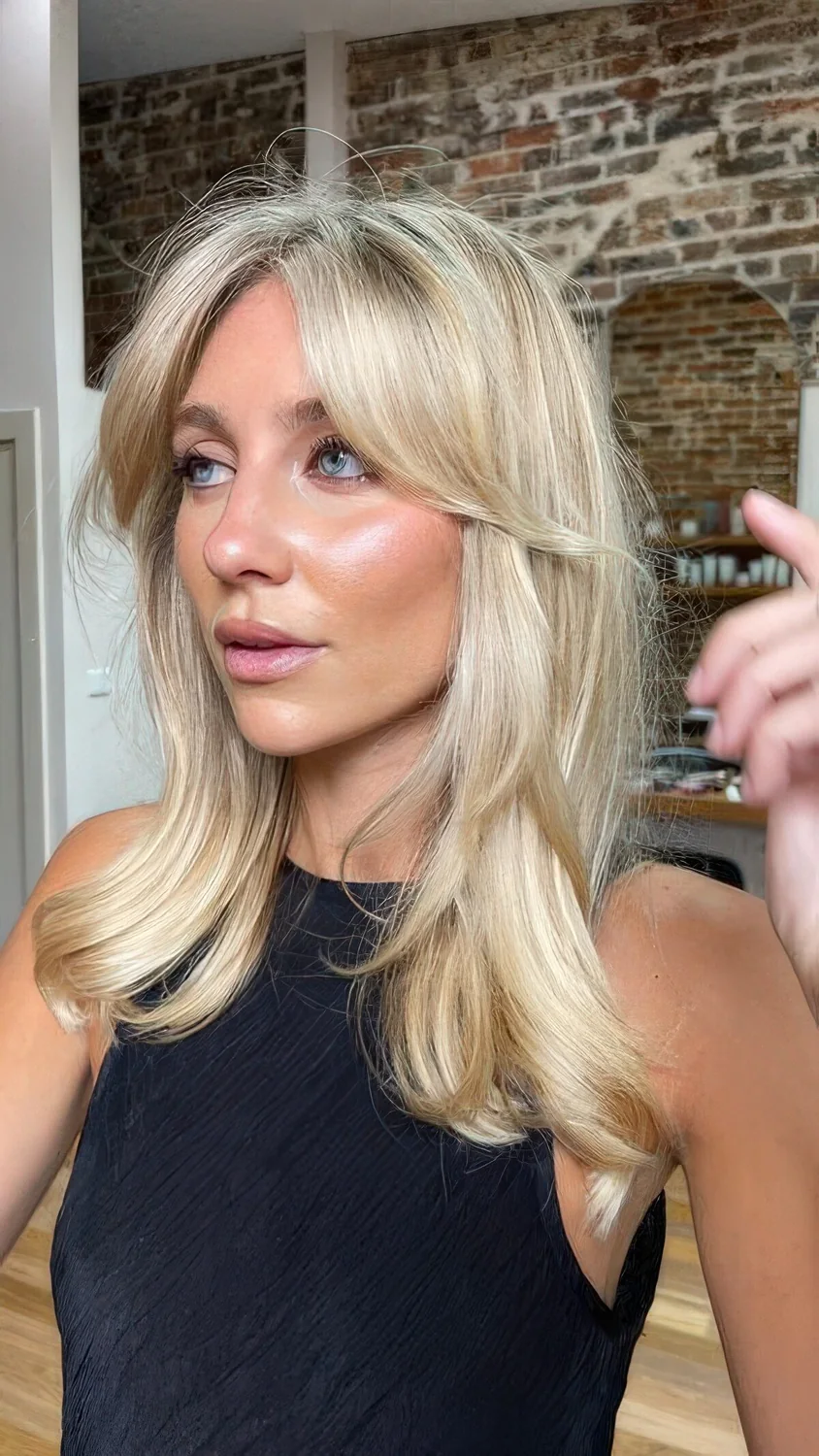 Bright blonde butterfly haitcut of medium-length, with curtain bangs and wavy ends.