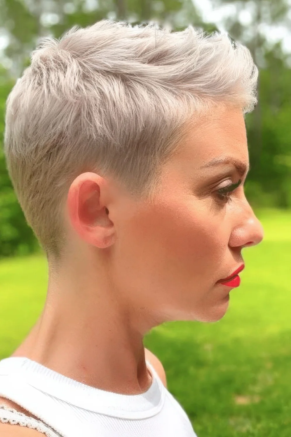Blonde short pixie haircut with side part and a bit of styling.