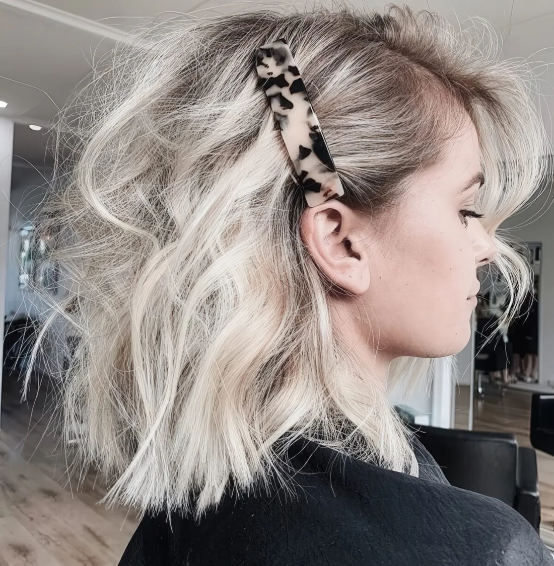 Photo showing printed barrette, with the hairstyle clearly visible.