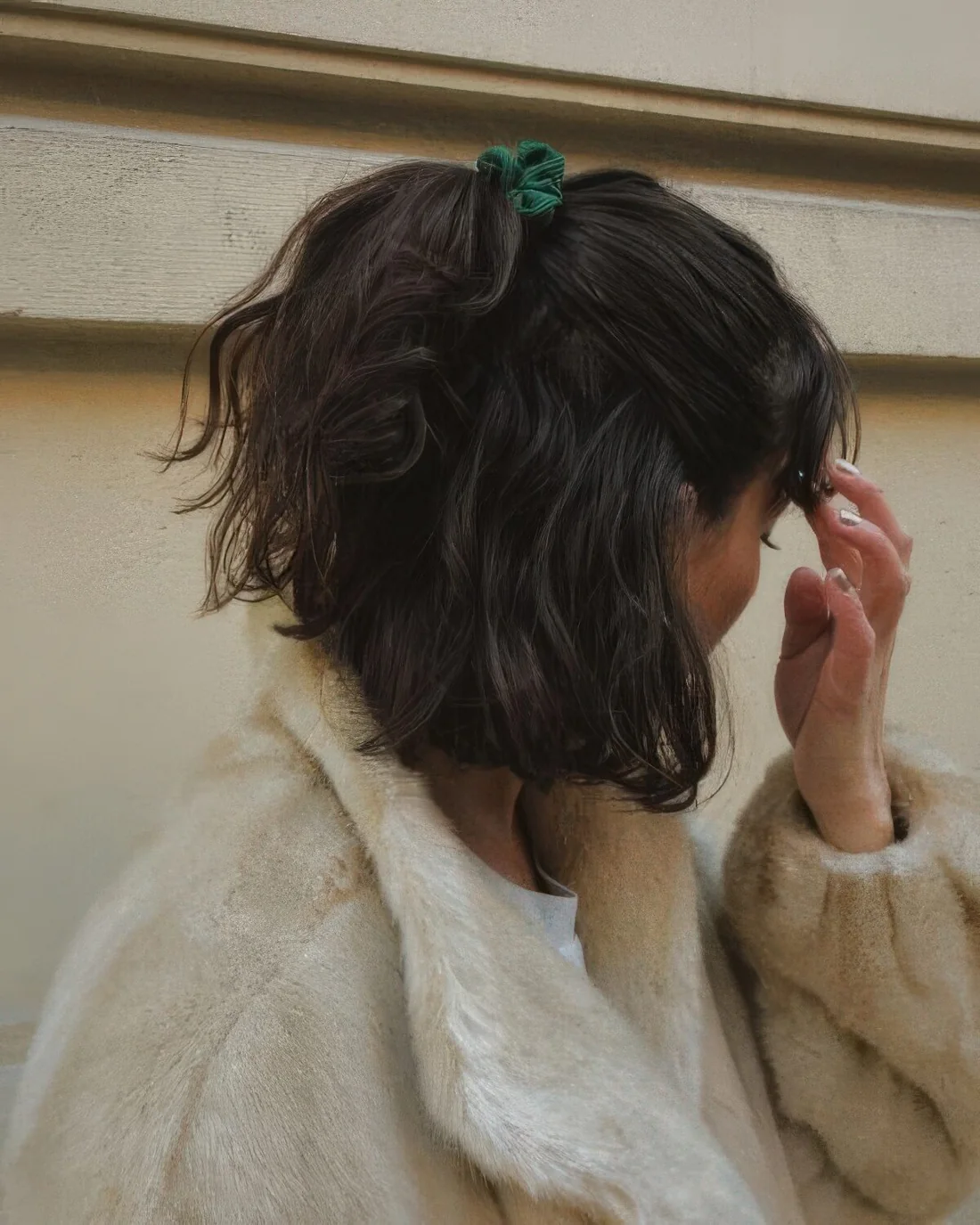 Photo showing green scrunchie, with the hairstyle clearly visible.