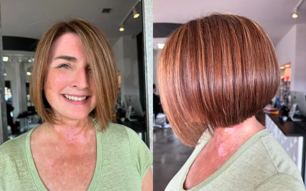 chin straight chestnut bob shown as a bob hairstyles for women over 60 idea, featuring volume through the low volume