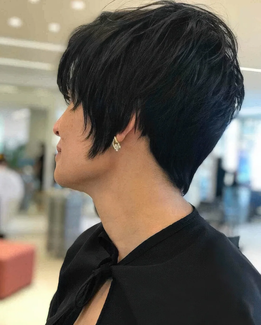 Black pixie with a layered top doesn't require even blow drying, make the endswispy for a soft touch.