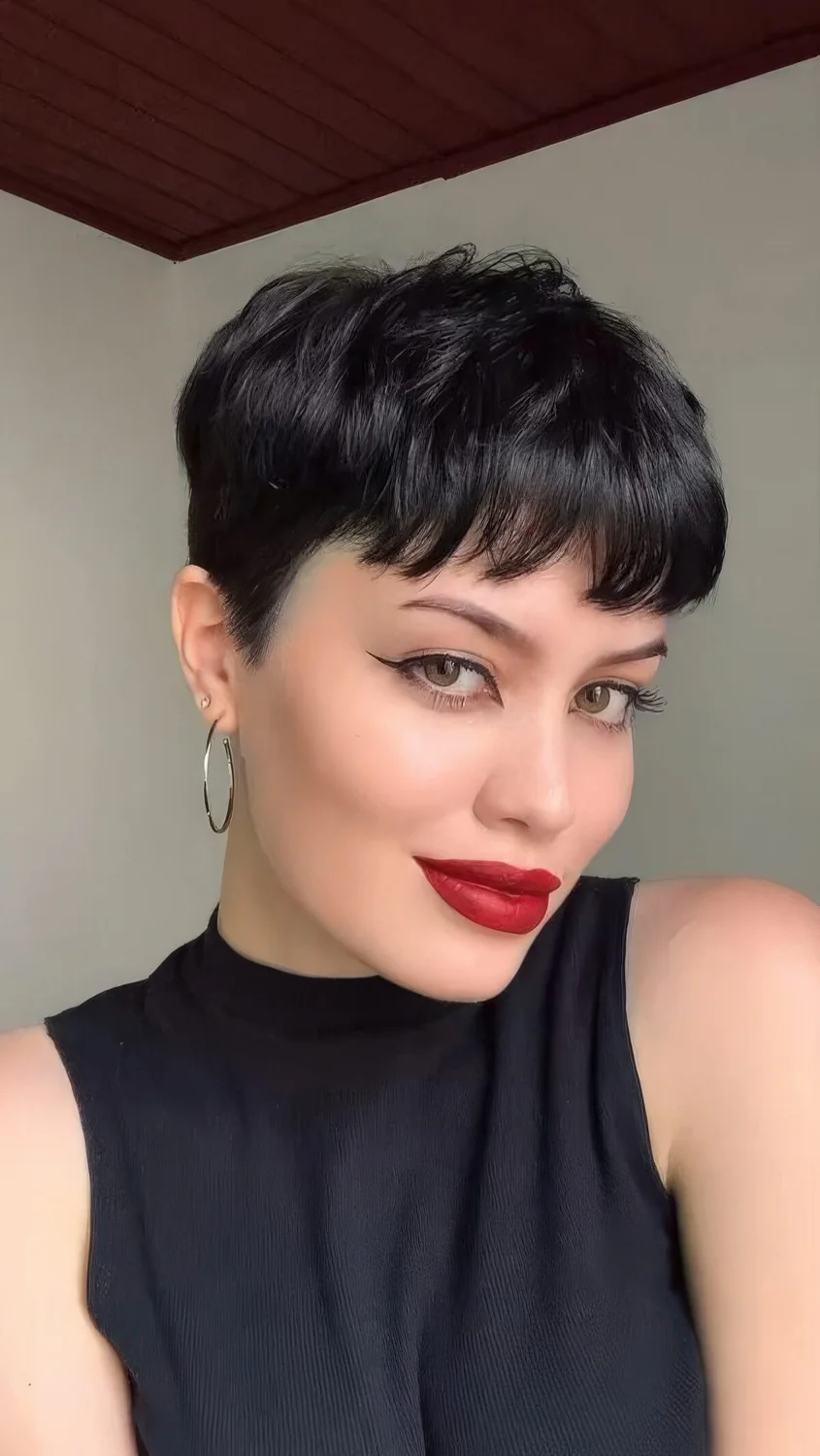 Black pixie haircut with a classic fringe and a lot of volume, shorter on the sides.