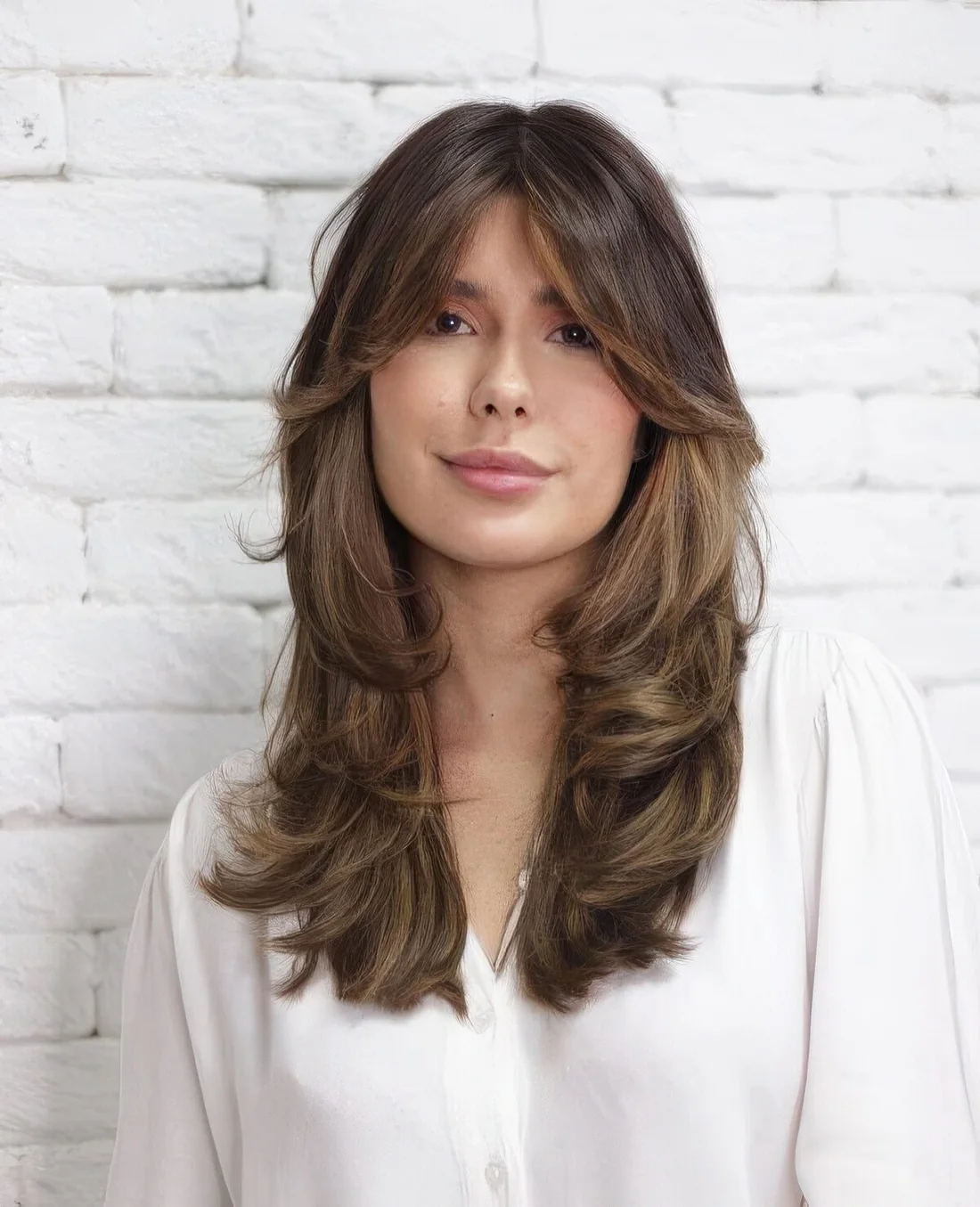 Long brown butterfly haircut with bottleneck bangs and caramel balayage plus curled ends.