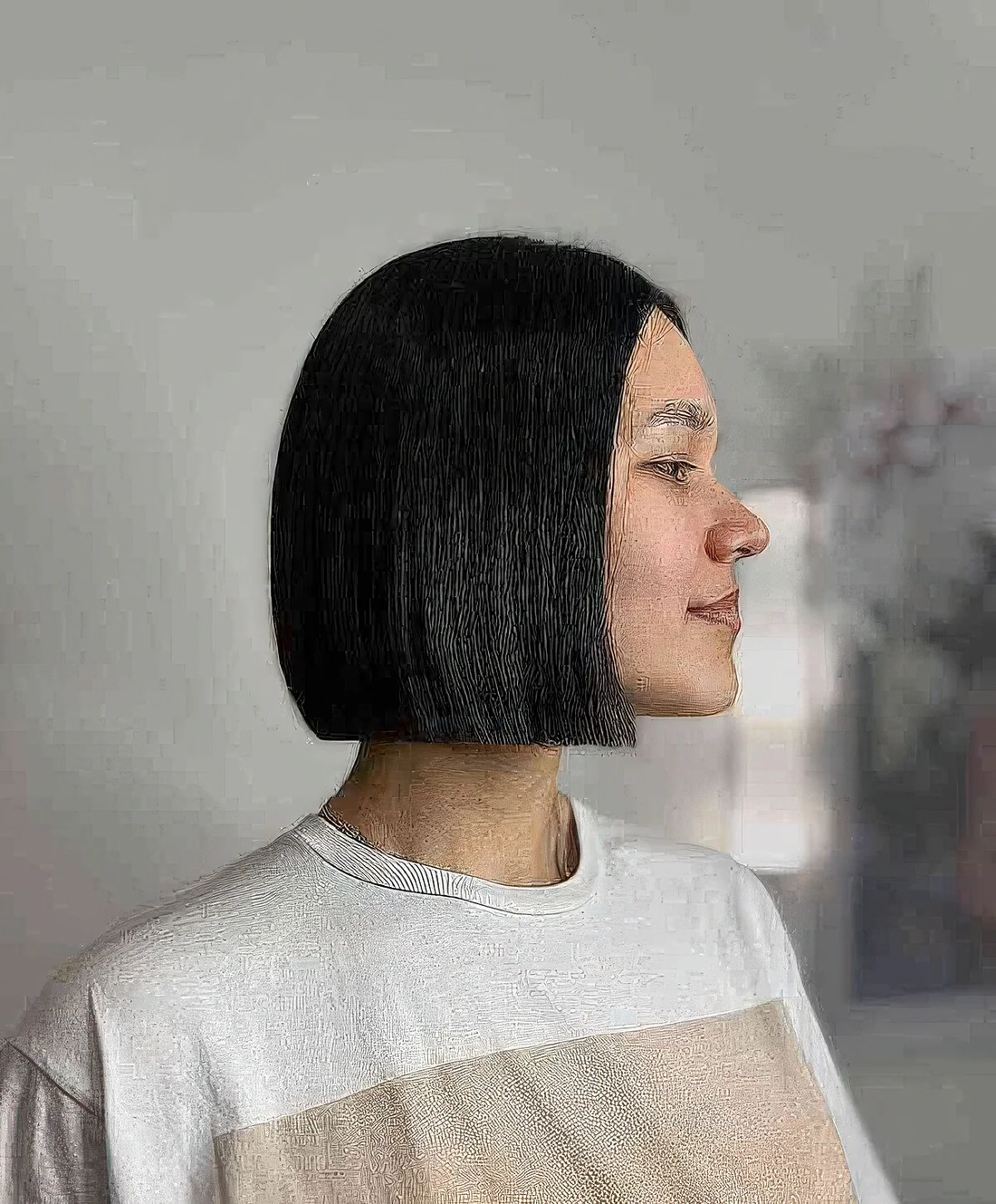 Photo showing chin-length blunt haircut, with the hairstyle clearly visible.