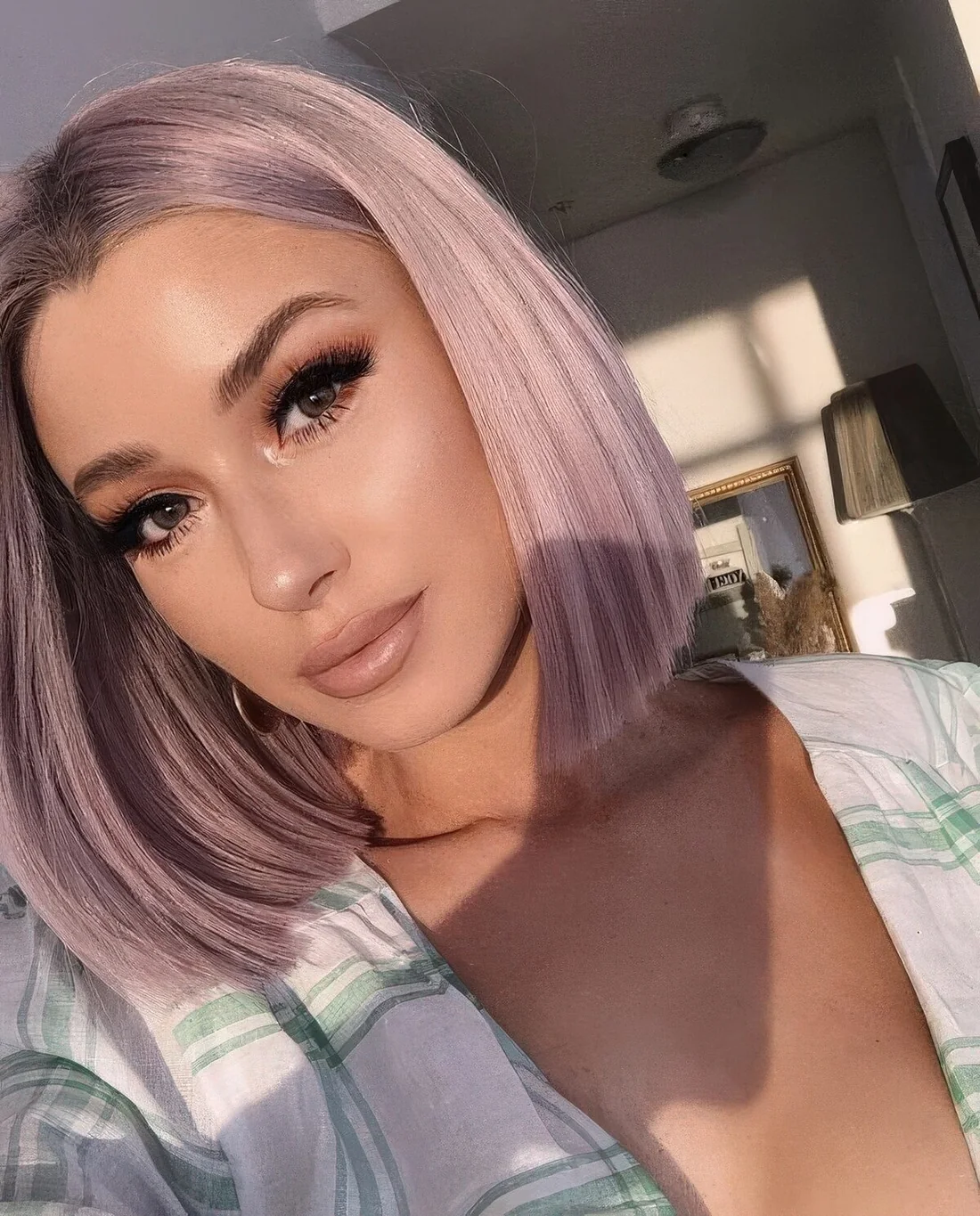 Photo showing soft lilac shade, with the hairstyle clearly visible.