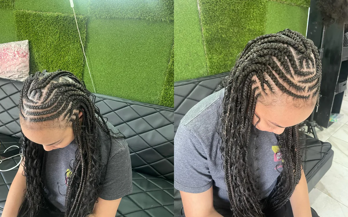 chest braids black knotless shown as a box braids hairstyles styling ideas idea, featuring black color, shown in black woman side cornrows with curls