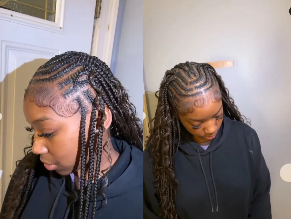 chest braids black knotless shown as a box braids hairstyles styling ideas idea, featuring chest outline, shown in black woman long cornrows top view