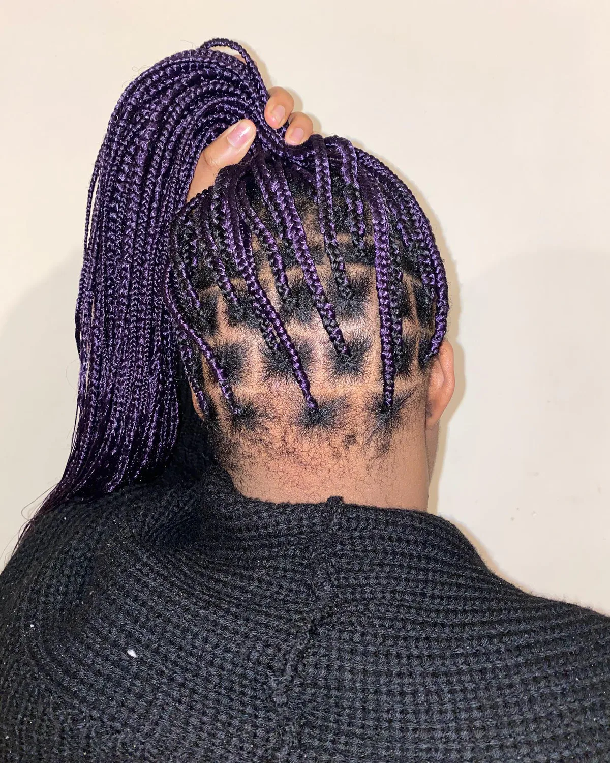 chest braids black knotless shown as a box braids hairstyles styling ideas idea, featuring braids texture, shown in black woman purple box braids back view