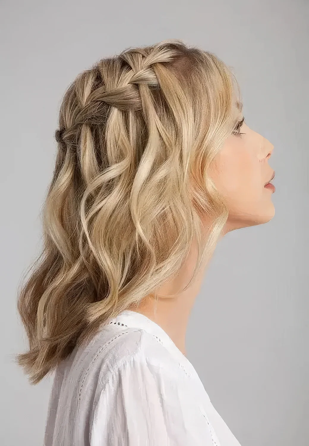 Blonde medium-length half updo with a braided top and waves down.
